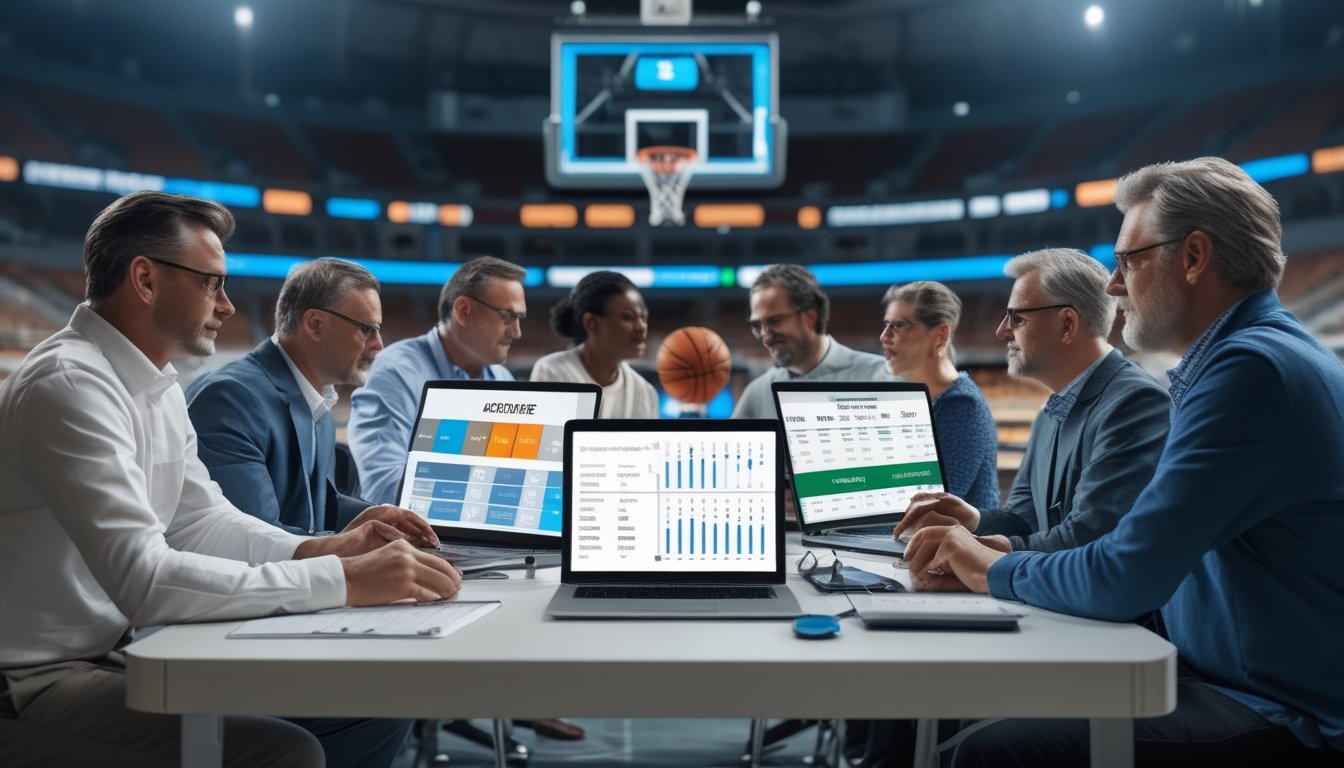 Analis olahraga membandingkan data pertandingan bola basket di meja kerja dalam arena basket.
