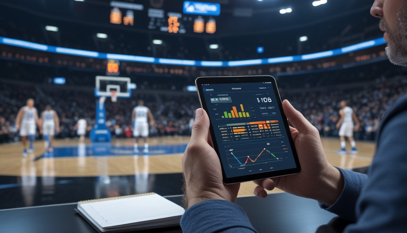 Penonton memantau pertandingan basket langsung sambil melihat perangkat dengan tampilan taruhan abstrak.