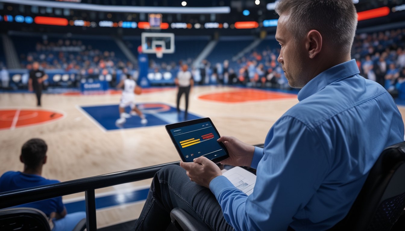 Penonton mengamati pertandingan basket langsung sambil melihat ponsel dengan antarmuka olahraga yang samar.