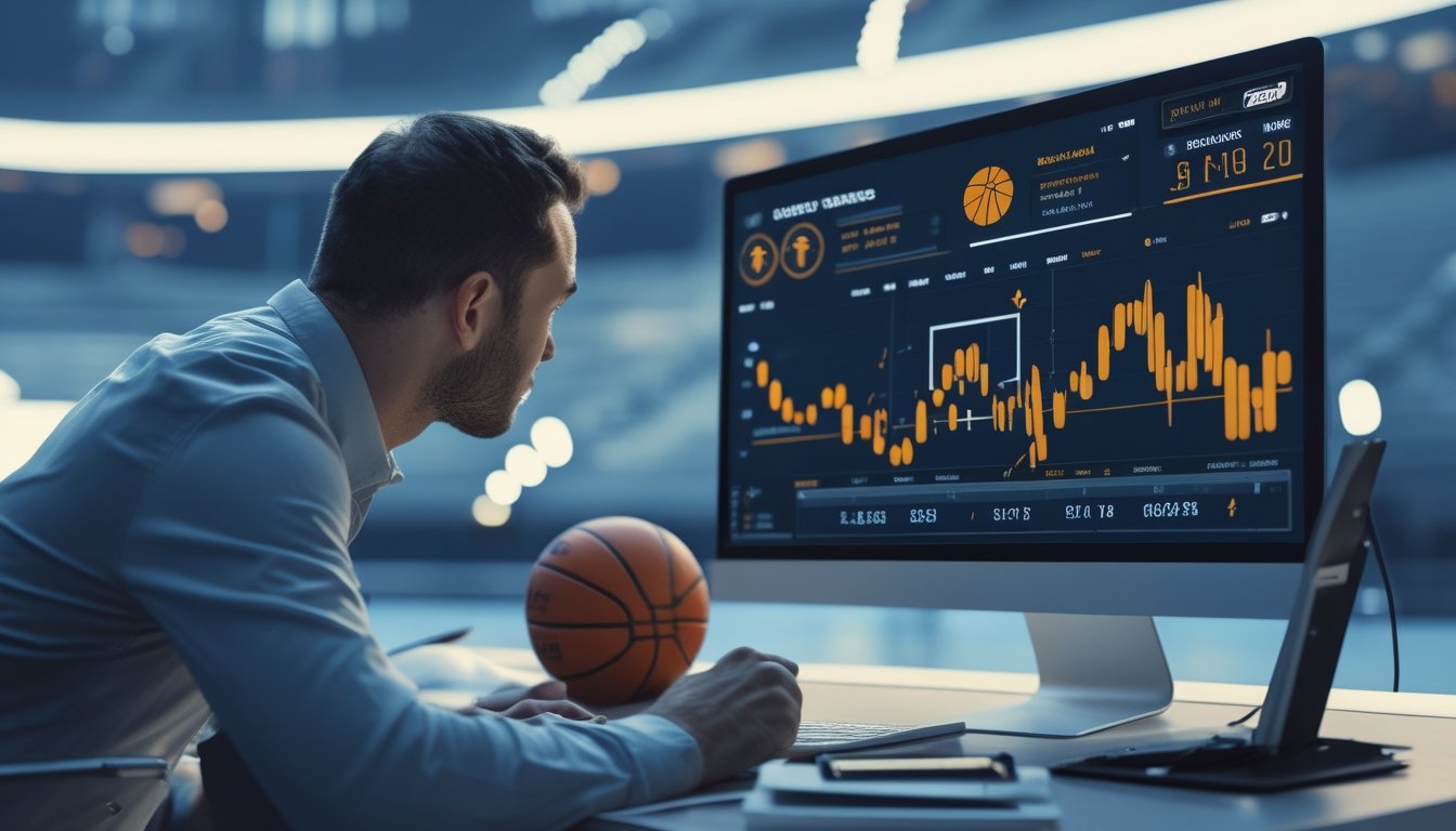 Seorang analis olahraga mempelajari statistik pemain basket di depan monitor, dengan bola basket dan perlengkapan analisis di atas meja.