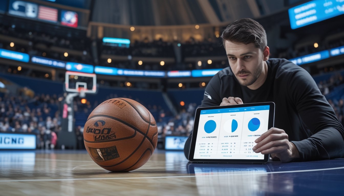 Pemain basket profesional bertanding di arena sementara seorang analis memeriksa statistik performa di tablet.