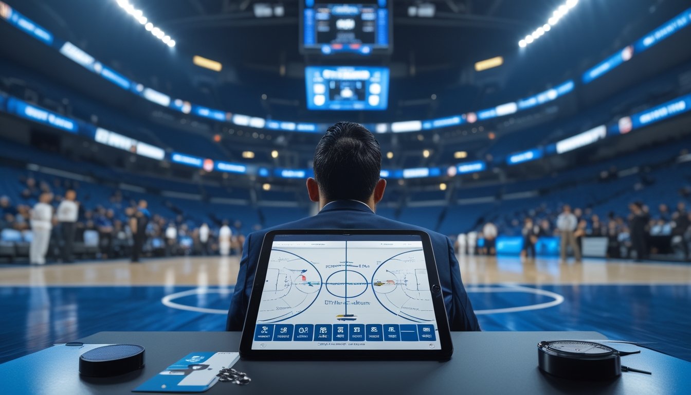 Analis olahraga mempelajari strategi pertandingan basket dari tablet di tepi lapangan saat permainan berlangsung.