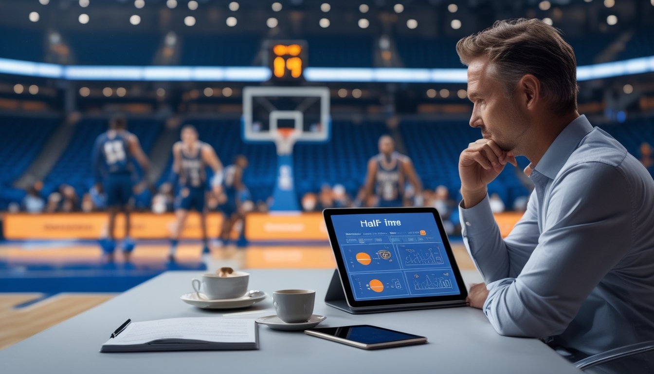Seorang analis mempelajari statistik pertandingan basket saat jeda kuarter di arena olahraga.