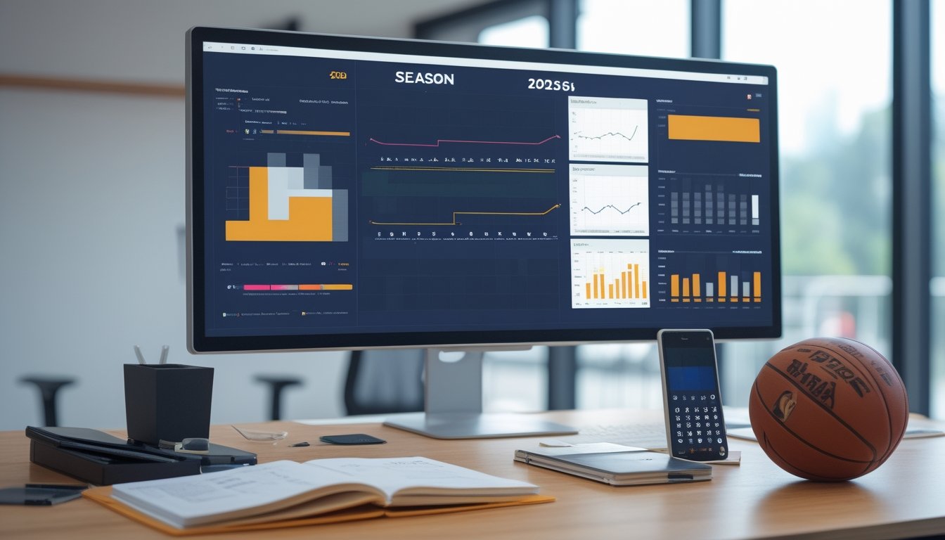 Meja analisis olahraga dengan bola basket, grafik statistik abstrak, kalender, dan perlengkapan kerja.