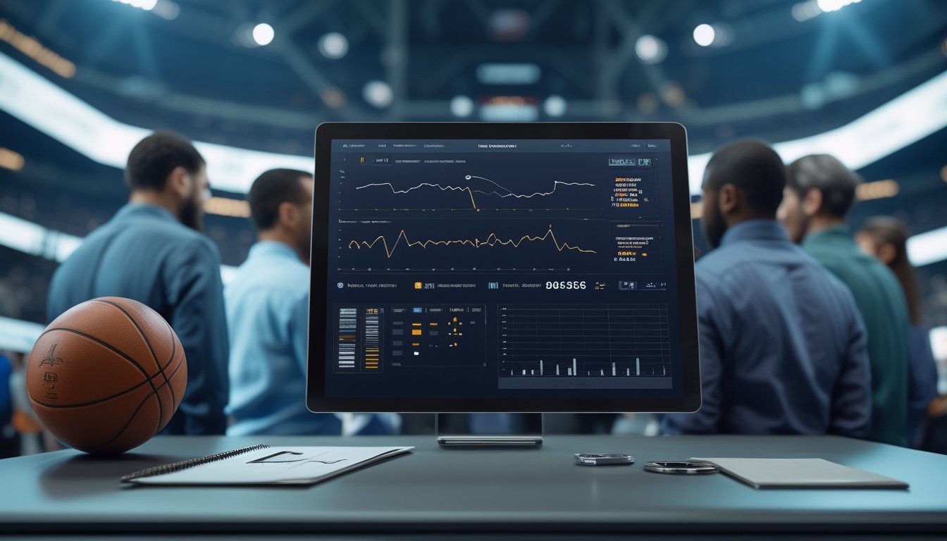 Analis olahraga berdiskusi tentang proyeksi musim NBA di ruang kerja modern dengan bola basket dan tablet berisi grafik abstrak.