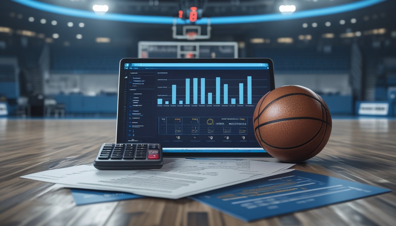 Bola basket berada di samping perangkat yang menampilkan grafik analisis statistik di dekat lapangan basket.