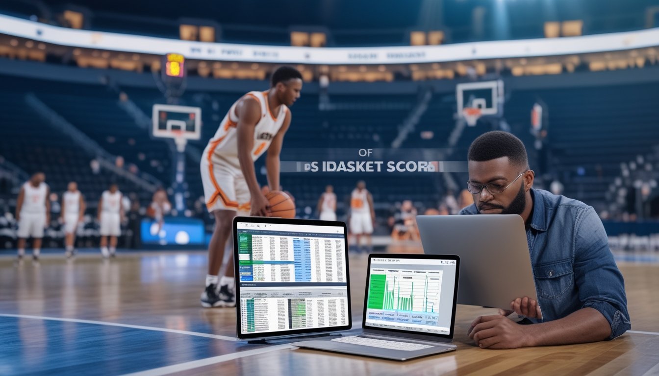 Analis olahraga mempelajari statistik pertandingan basket di sisi lapangan saat dua pemain bersiap di dekat ring.