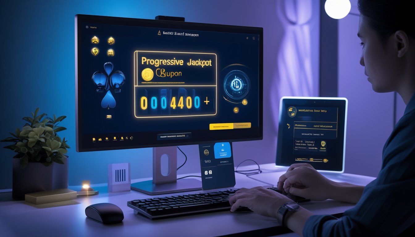 Tangan pengguna berinteraksi dengan antarmuka permainan kartu digital dan indikator jackpot progresif di meja komputer.