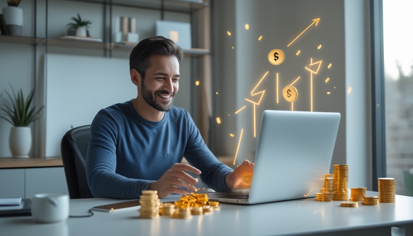 Pemenang memeriksa konfirmasi hadiah jackpot digital di laptop dan ponsel dengan suasana perayaan.