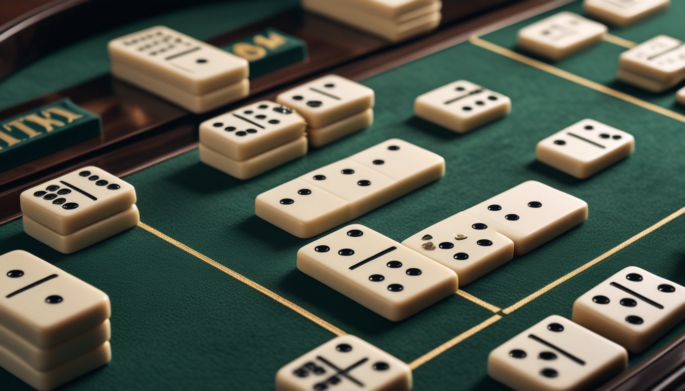 Susunan kartu domino berpola di atas meja permainan berlapis kain hijau.