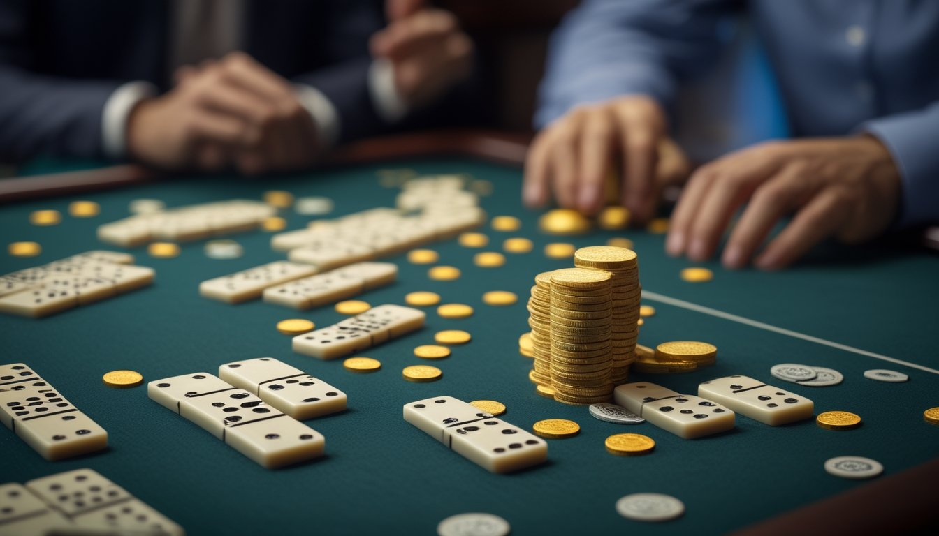 Susunan kartu domino Ceme, keping taruhan, dan tangan pemain di atas meja permainan.