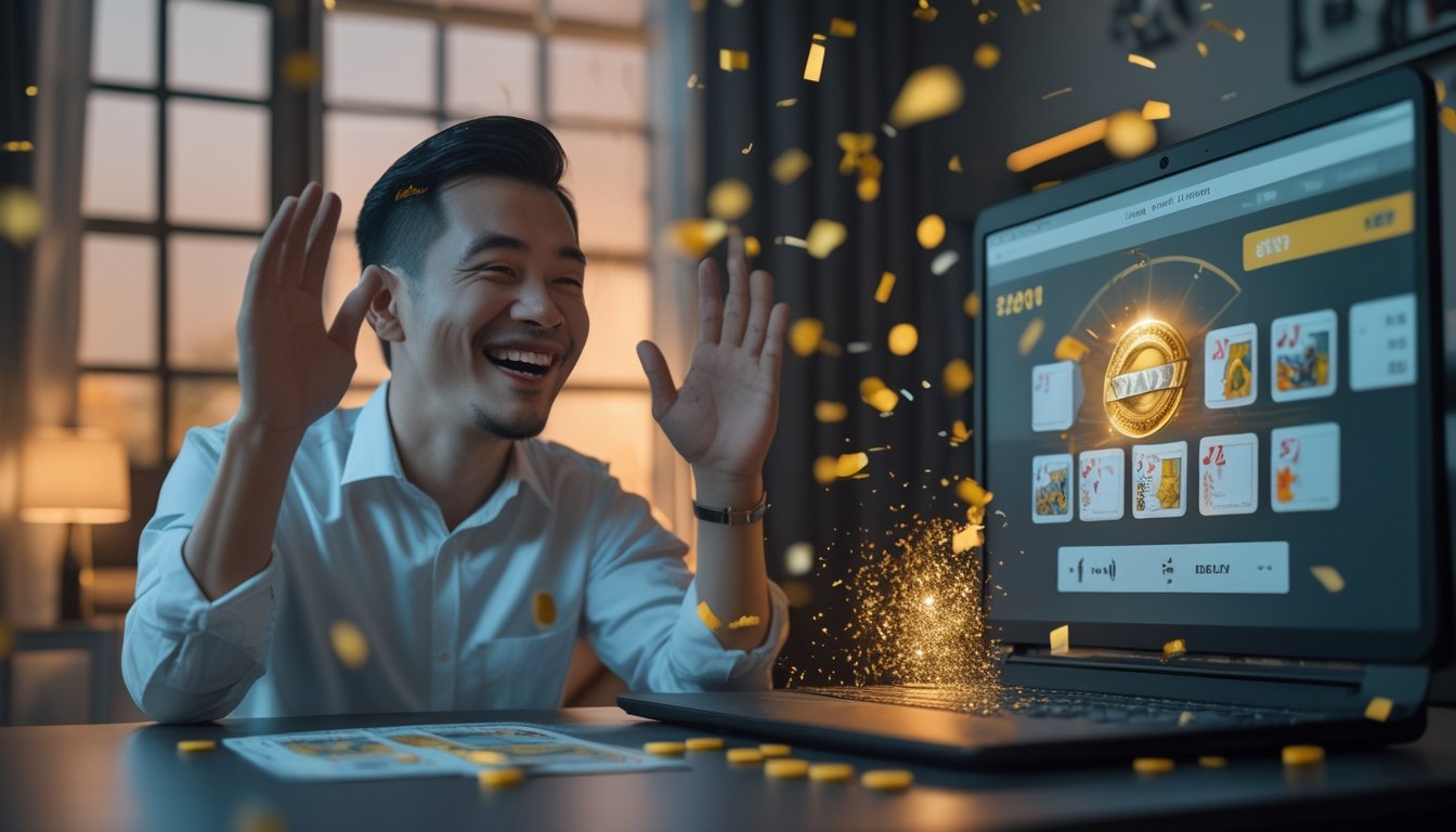 Seorang pemain Indonesia merayakan kemenangan besar permainan kartu di depan laptop.