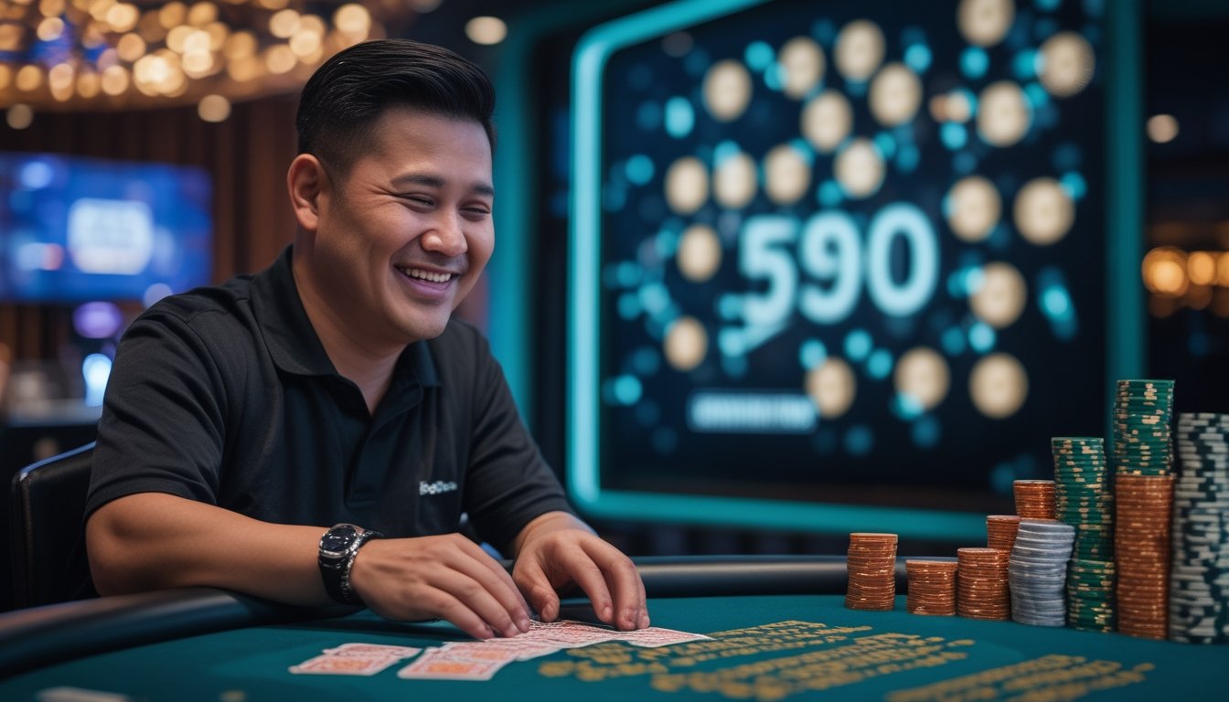 Seorang pemain dewasa tersenyum sambil memegang kartu kemenangan dan berada di dekat tumpukan chip di meja permainan.