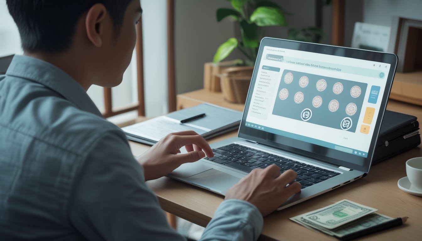 Orang dewasa menggunakan laptop untuk bermain gim kartu online sambil memperhatikan uang tunai dan catatan anggaran.