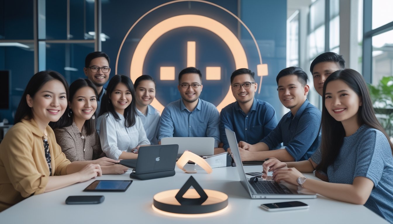 Sekelompok orang dewasa berdiskusi dan bekerja sama dalam komunitas modern dengan perangkat digital di atas meja.