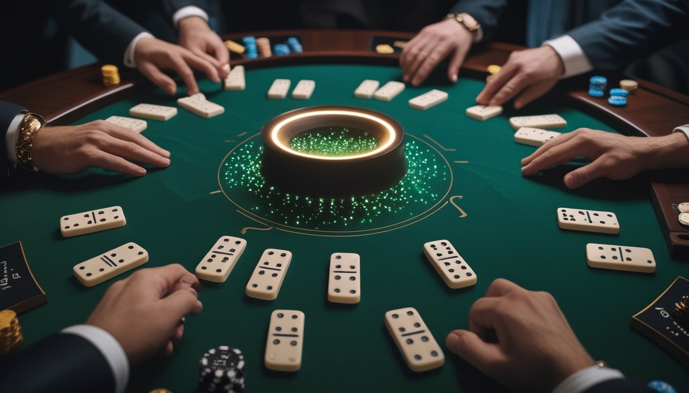 Meja permainan domino dengan dealer, pemain, dan cahaya yang menggambarkan akumulasi jackpot progresif.