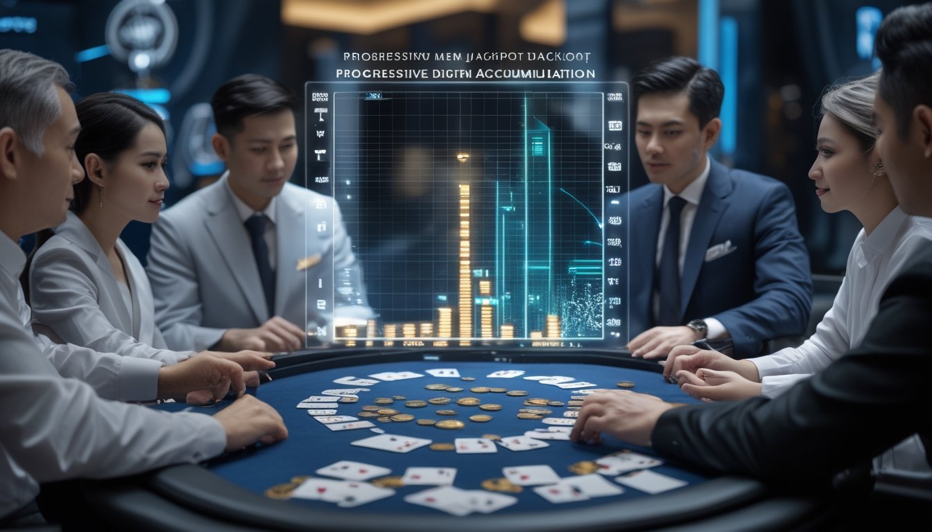Pemain dan dealer berada di meja permainan Ceme dengan kartu, chip, dan tampilan jackpot digital yang terus bertambah.