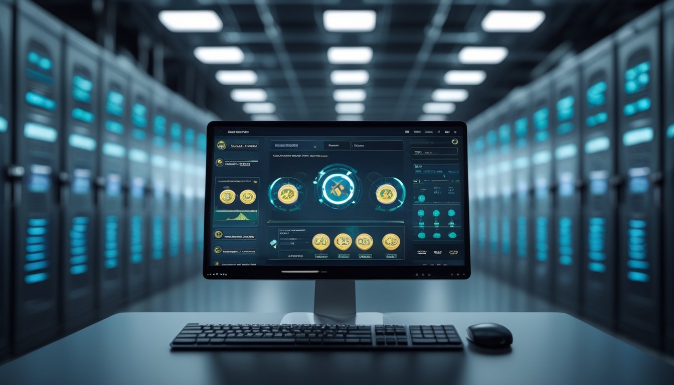 Ruang pusat data modern dengan server berjajar dan monitor yang menampilkan antarmuka permainan digital abstrak.