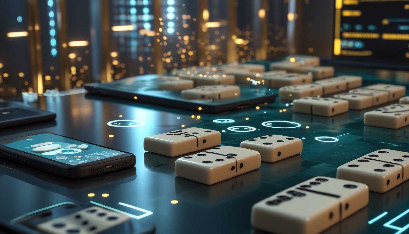 Susunan keping domino di atas meja kaca dengan perangkat digital dan cahaya futuristis di sekitarnya.