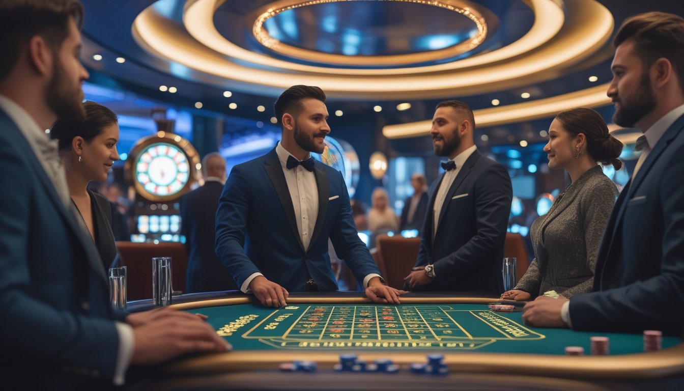 Suasana kasino modern dengan dealer dan pengunjung dewasa di meja permainan yang elegan.