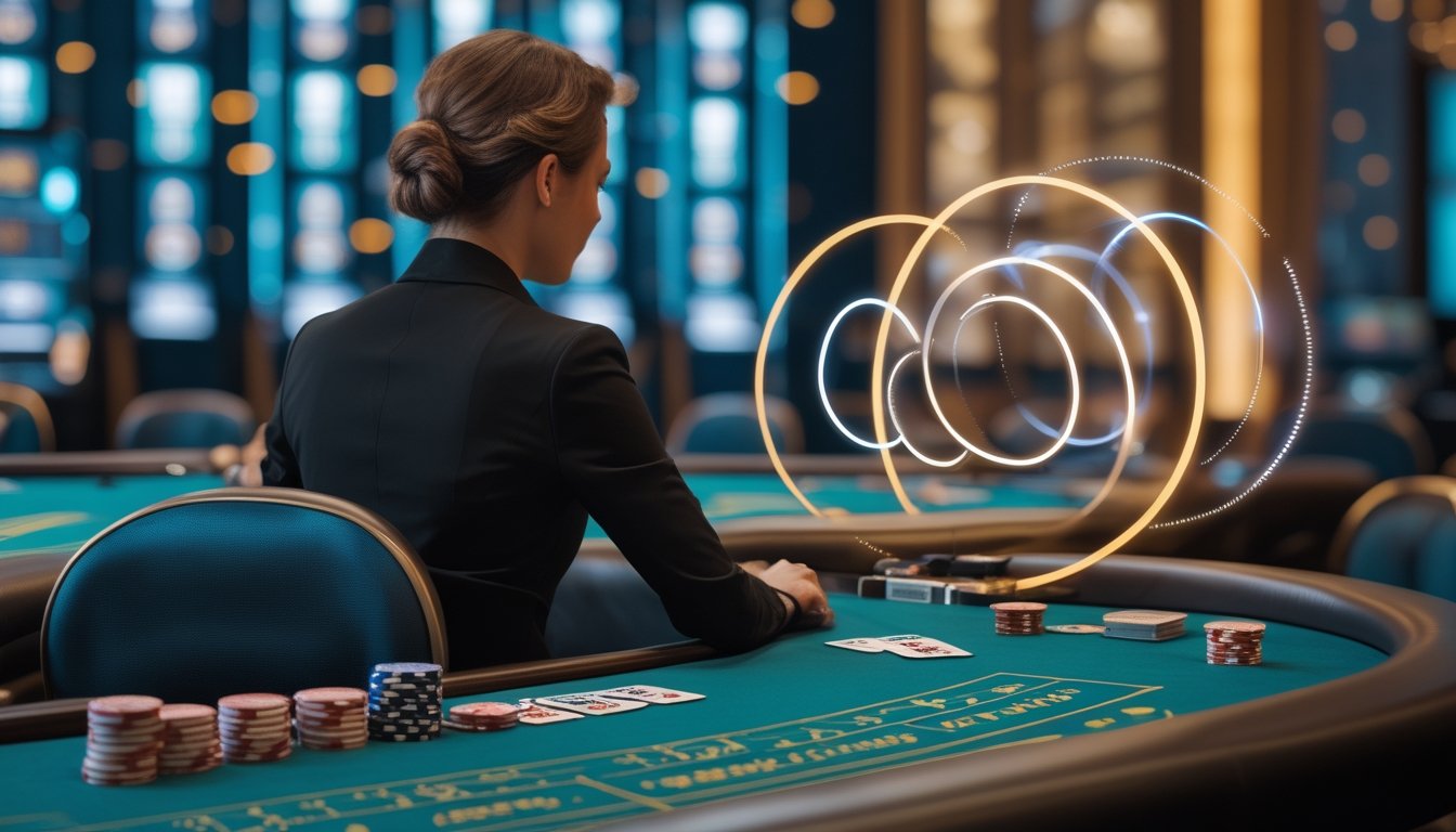 Pemain dewasa duduk di meja kasino langsung dengan roda roulette, kartu, dan tumpukan chip yang dikelilingi pencahayaan modern.