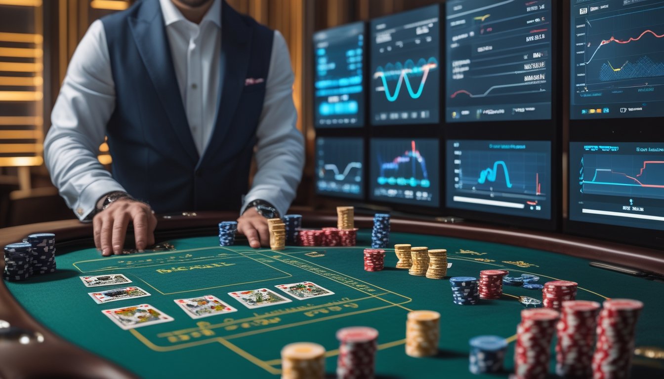 Dealer mengatur kartu dan chip baccarat sementara seorang pemain mengamati analisis statistik di kasino modern.