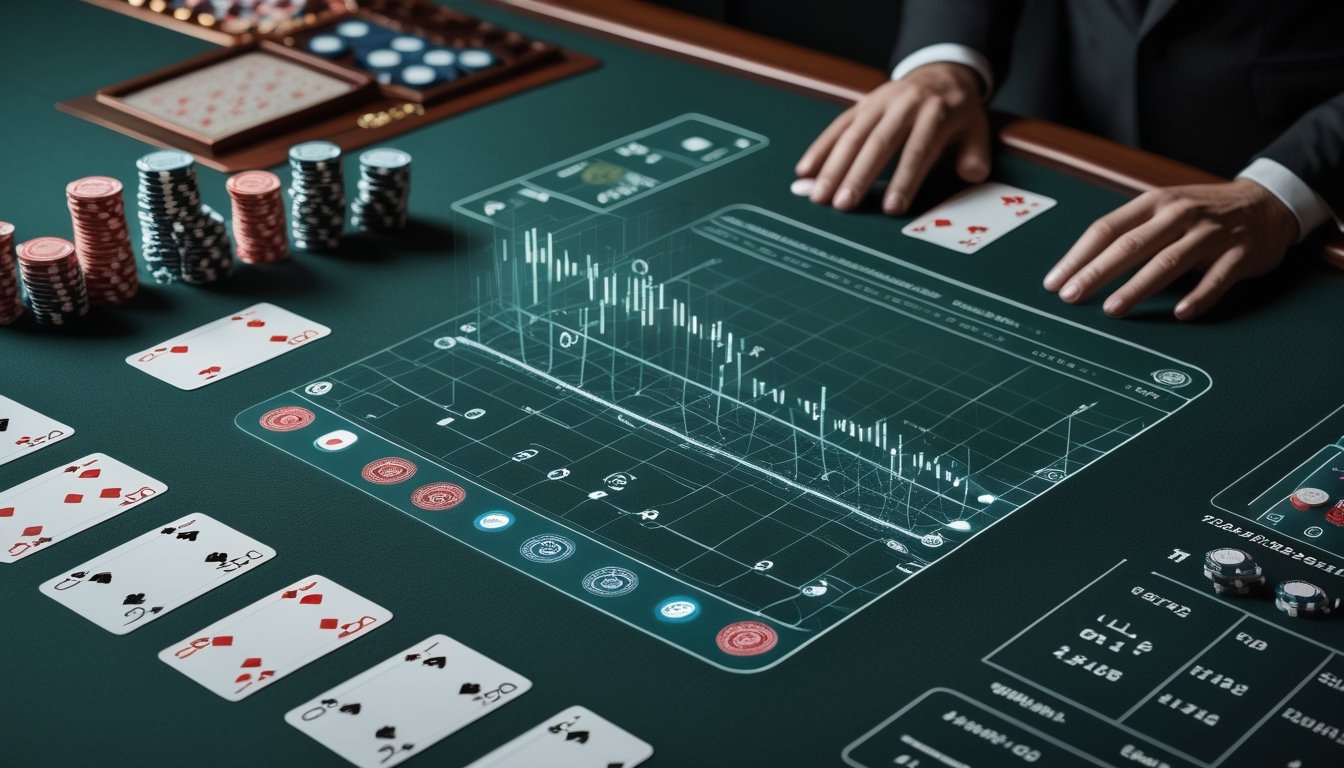 Meja baccarat dengan kartu, keping kasino, dealer, dan tampilan visual analisis statistik digital.
