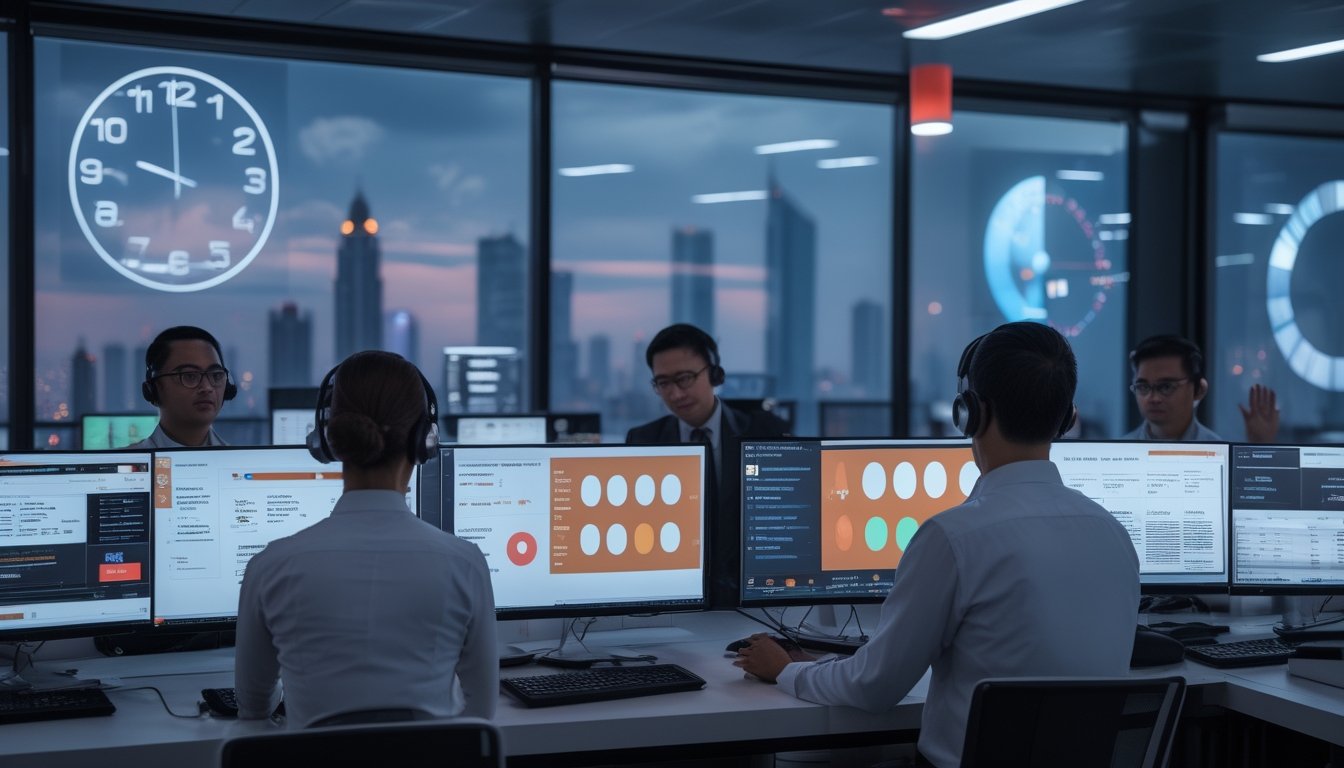 Tim layanan pelanggan memantau platform kasino langsung dan membantu pengguna melalui obrolan video di kantor modern.