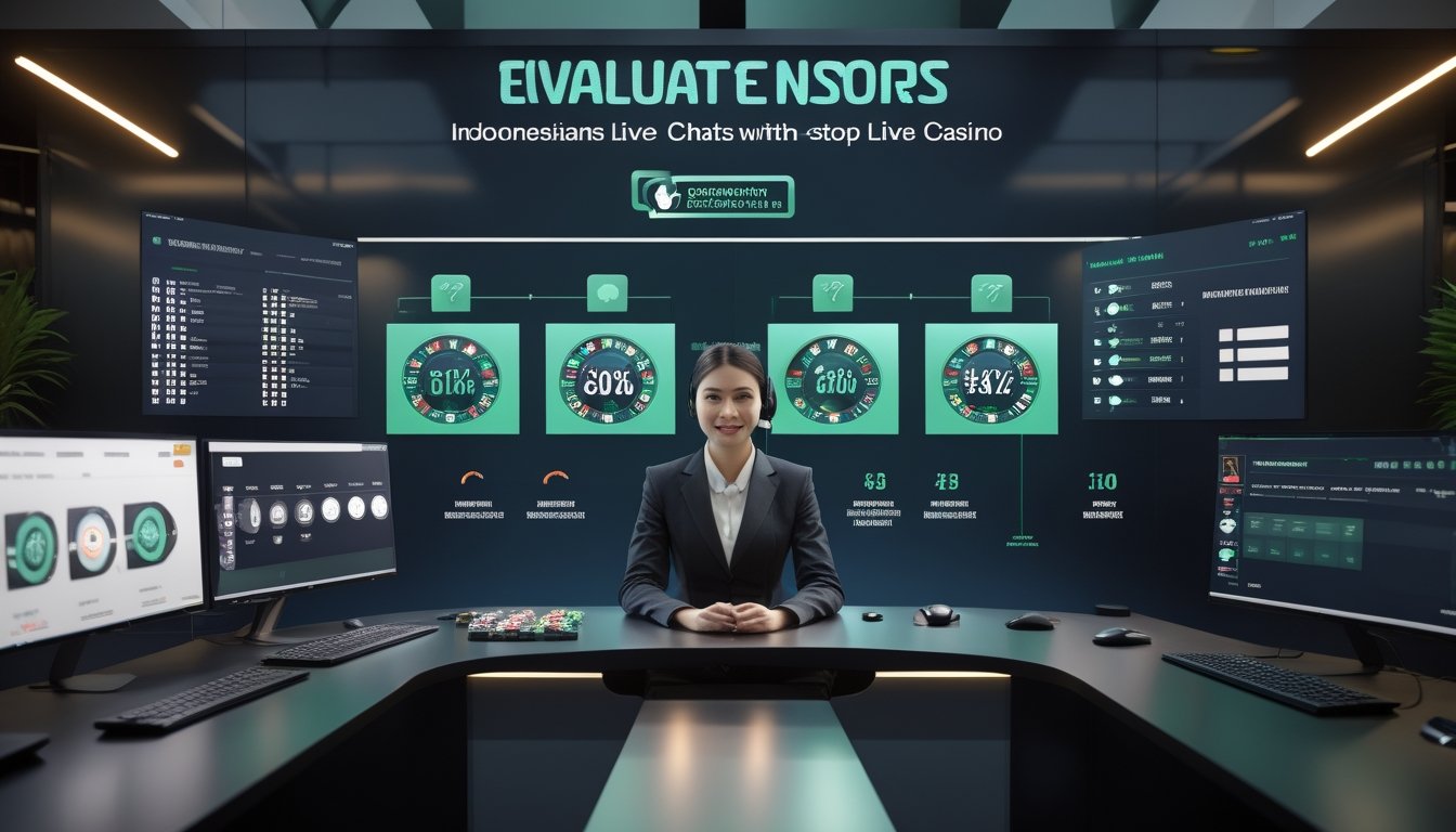 Petugas layanan pelanggan memakai headset memantau platform kasino live dan dukungan obrolan melalui beberapa monitor.