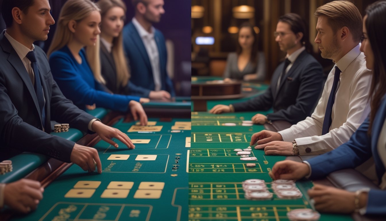 Dua meja baccarat kasino live dengan dealer, kartu, dan keping taruhan dalam suasana kasino modern.