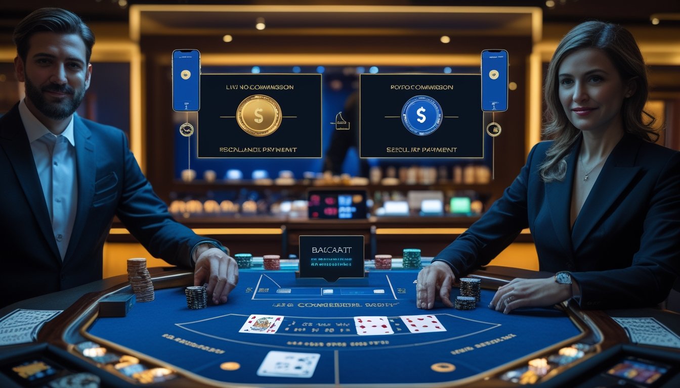 Dealer dan pemain dewasa berada di meja baccarat dengan kartu, chip kasino, dan perangkat pembayaran digital.