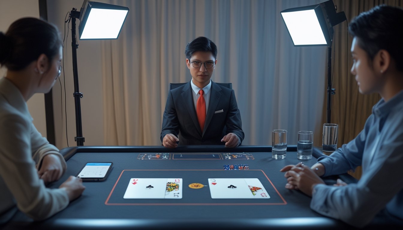 Seorang pemula mengamati permainan kartu Dragon Tiger yang disiarkan langsung di studio modern.