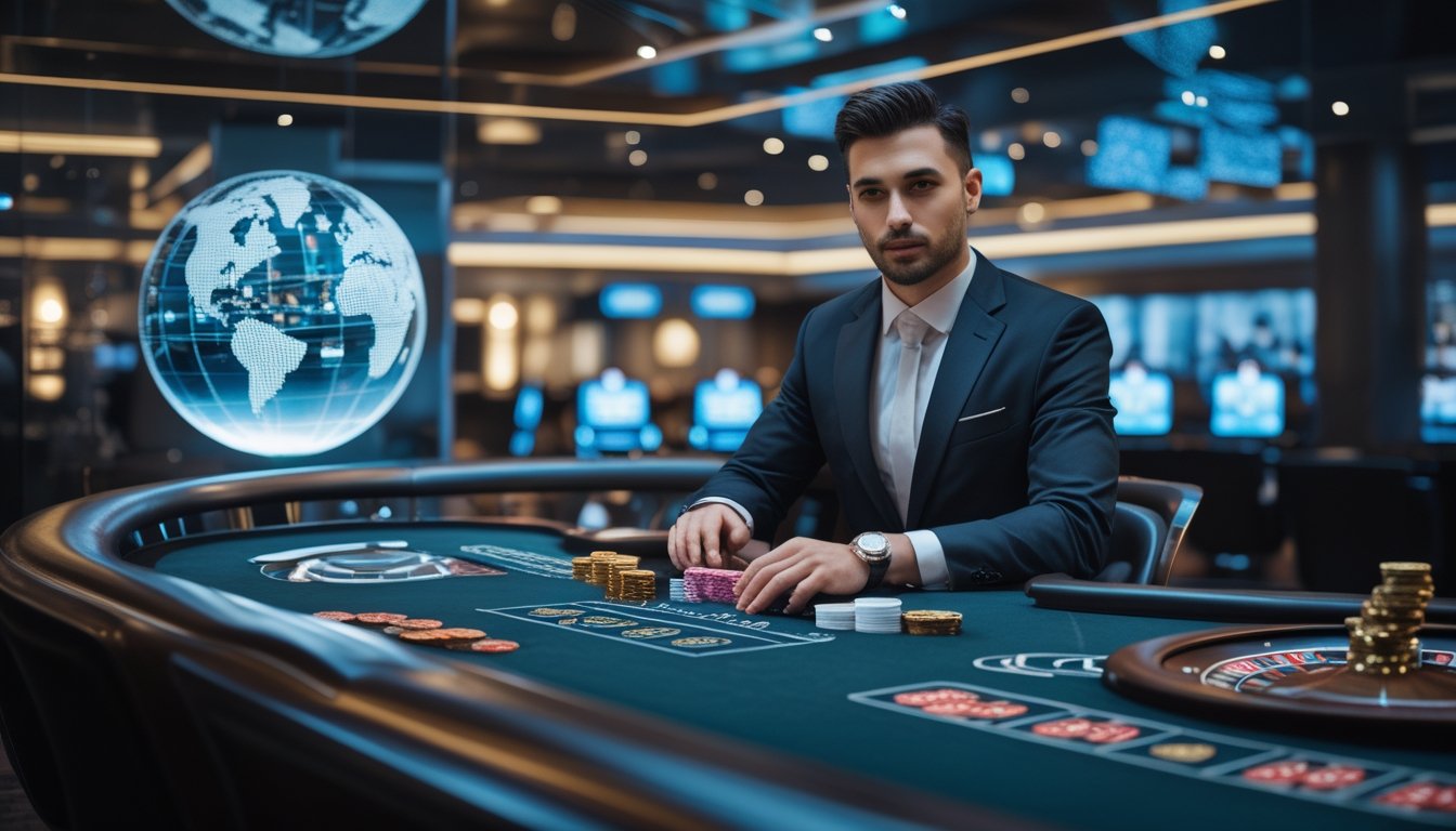 Dealer profesional berada di meja kasino dengan roda roulette, kartu, dan keping kasino dalam suasana modern.