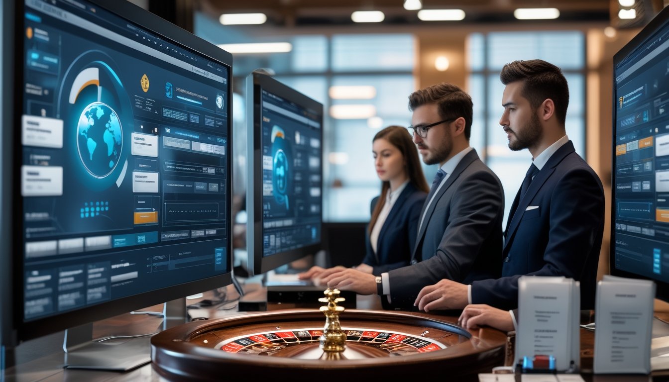 Tim profesional meninjau keamanan dan dokumen lisensi platform kasino internasional di ruang kantor modern.