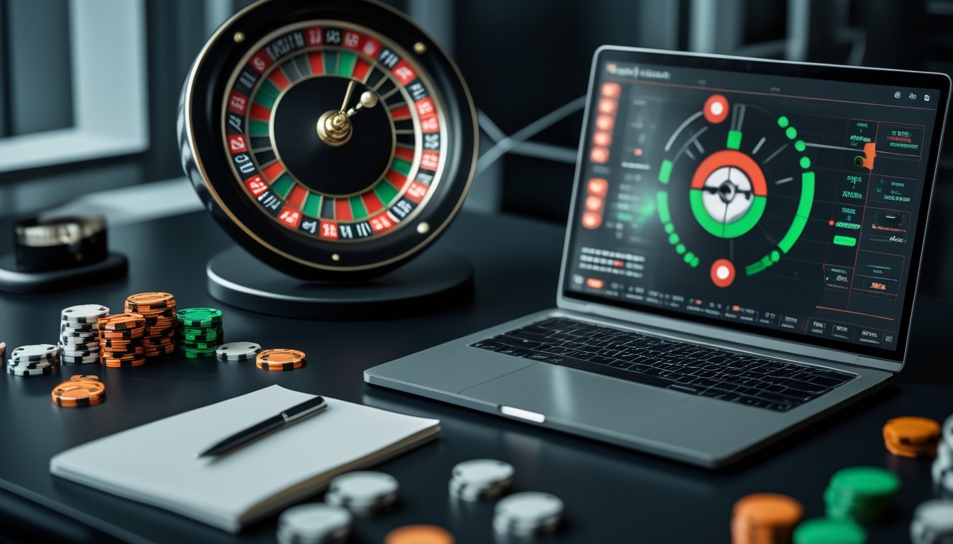 Meja kerja modern dengan roda roulette, chip, laptop, dan pola analisis Fibonacci.