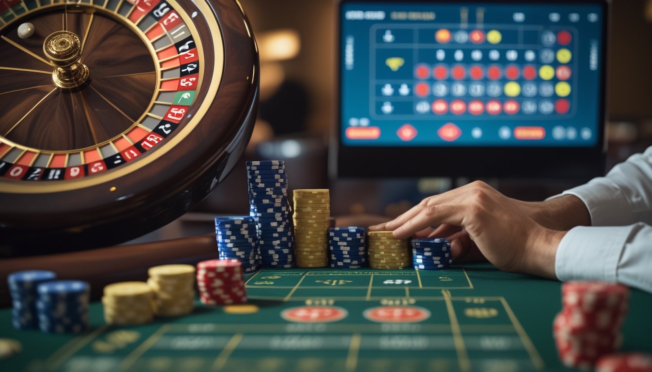 Roda roulette berputar dengan bola dan susunan keping taruhan di atas meja, sementara layar permainan terlihat samar di latar belakang.
