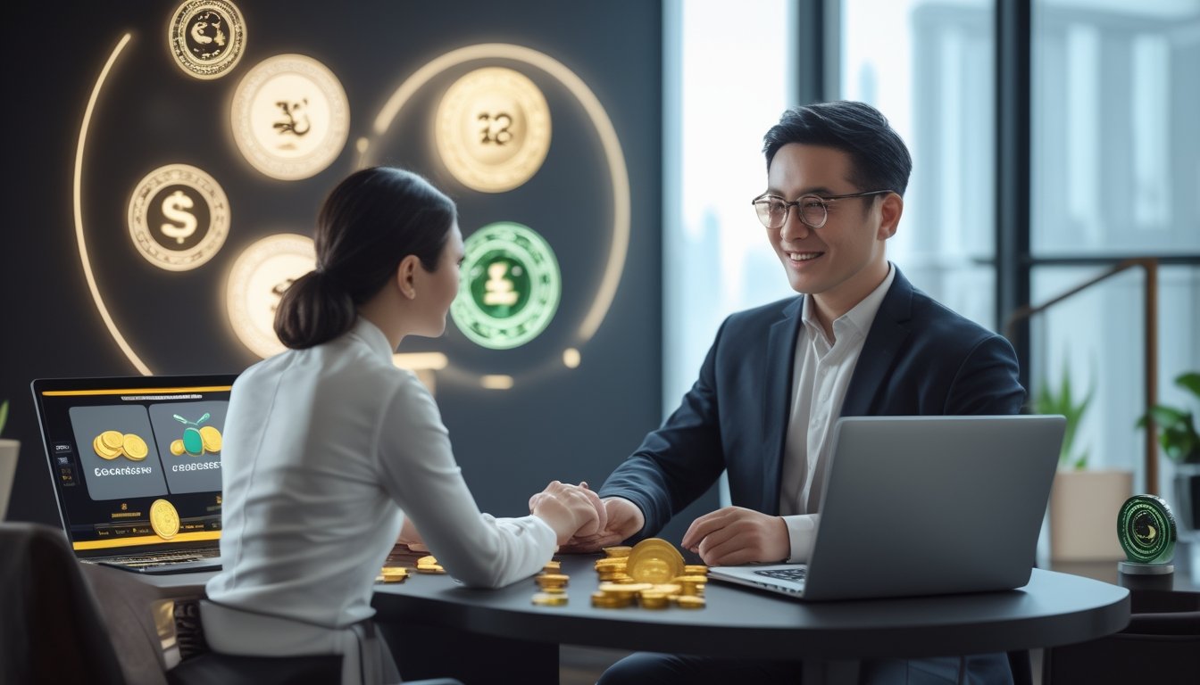 Seorang pelanggan berdiskusi dengan agen kasino langsung sambil melihat dasbor hadiah digital di ruang modern.