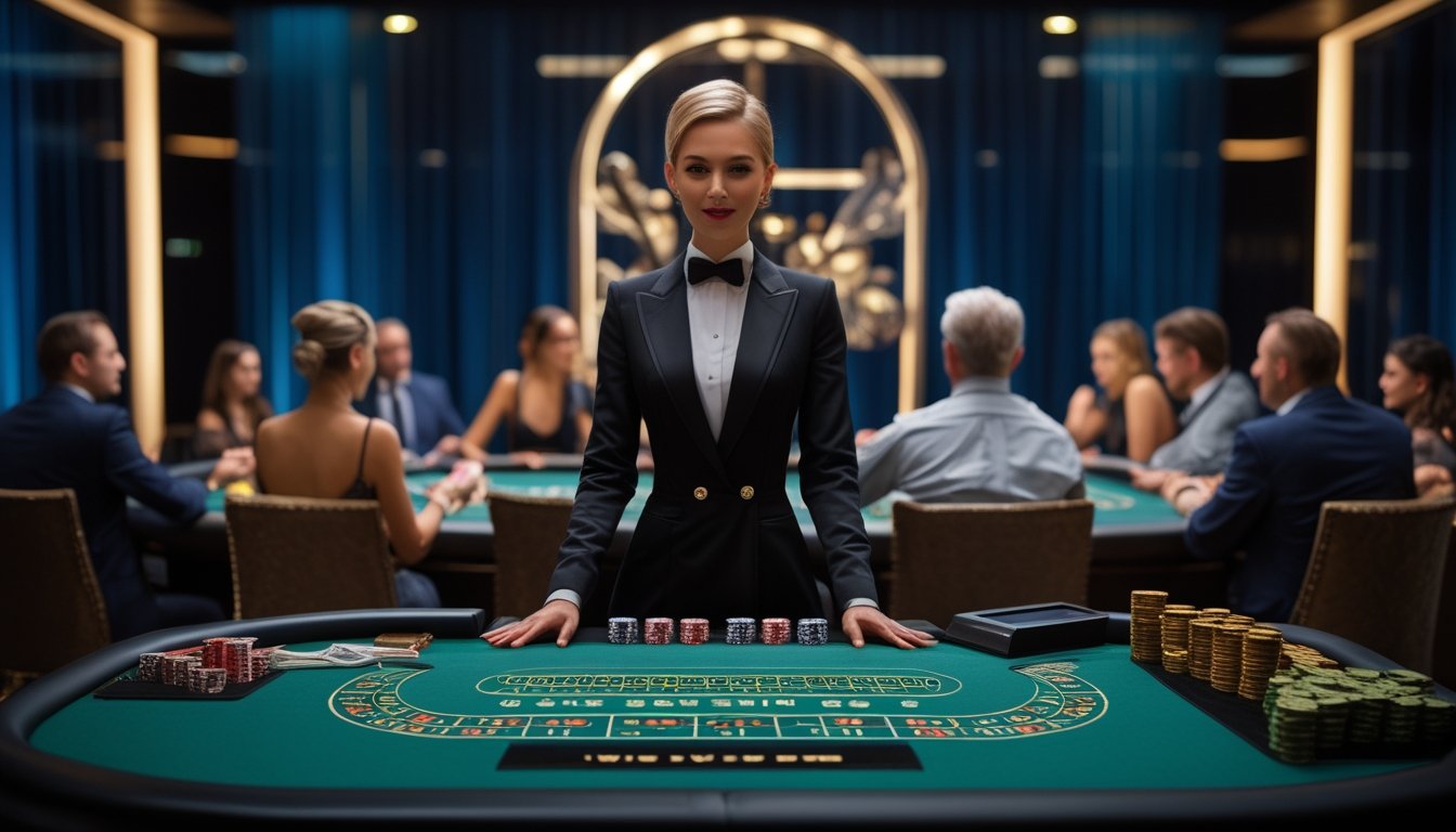 Dealer perempuan melayani tamu di meja kasino VIP dalam ruangan mewah.