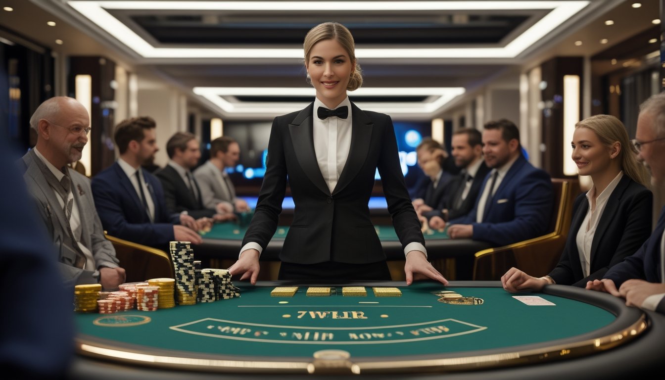 Dealer wanita melayani pemain di meja blackjack VIP dalam suasana kasino mewah.