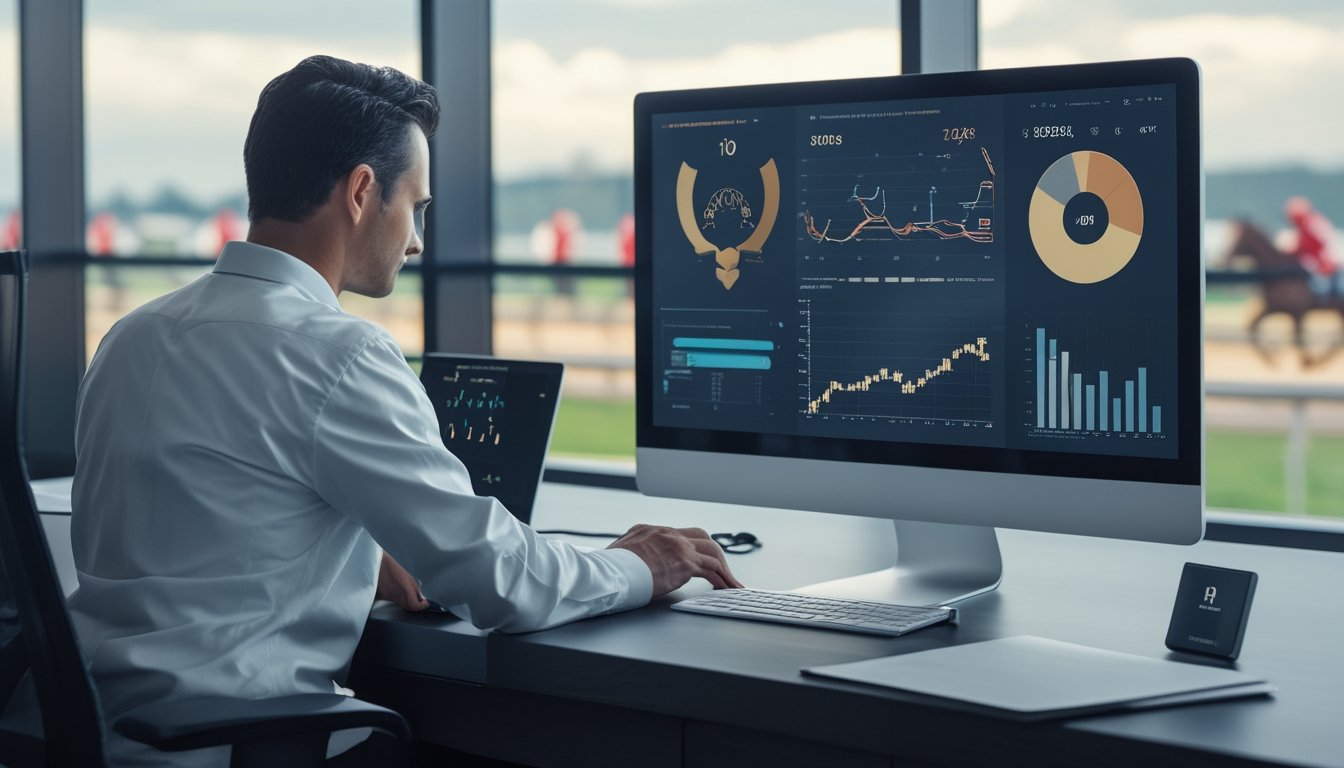 Seorang analis mempelajari grafik statistik kuda di kantor dengan lintasan balap kuda terlihat di latar belakang.
