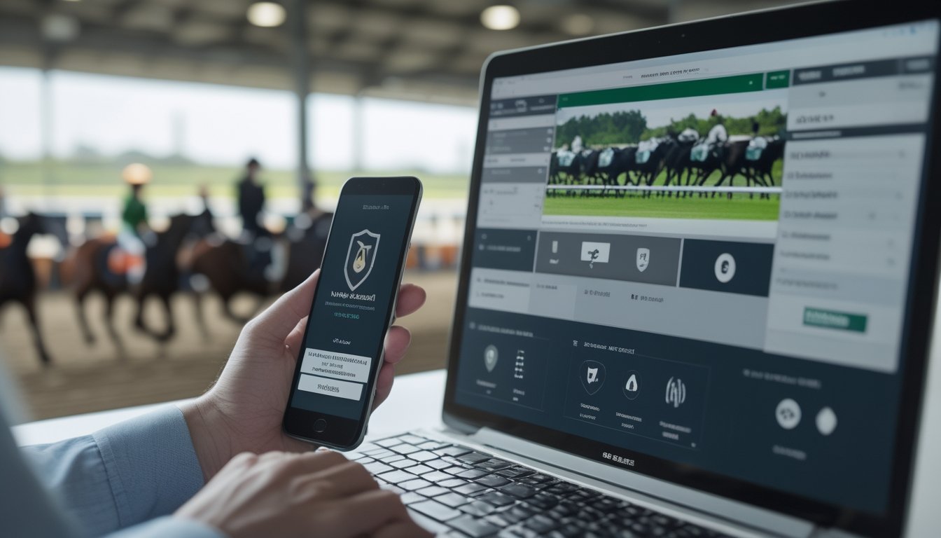 Ponsel dan laptop menampilkan simbol keamanan di depan arena pacuan kuda.