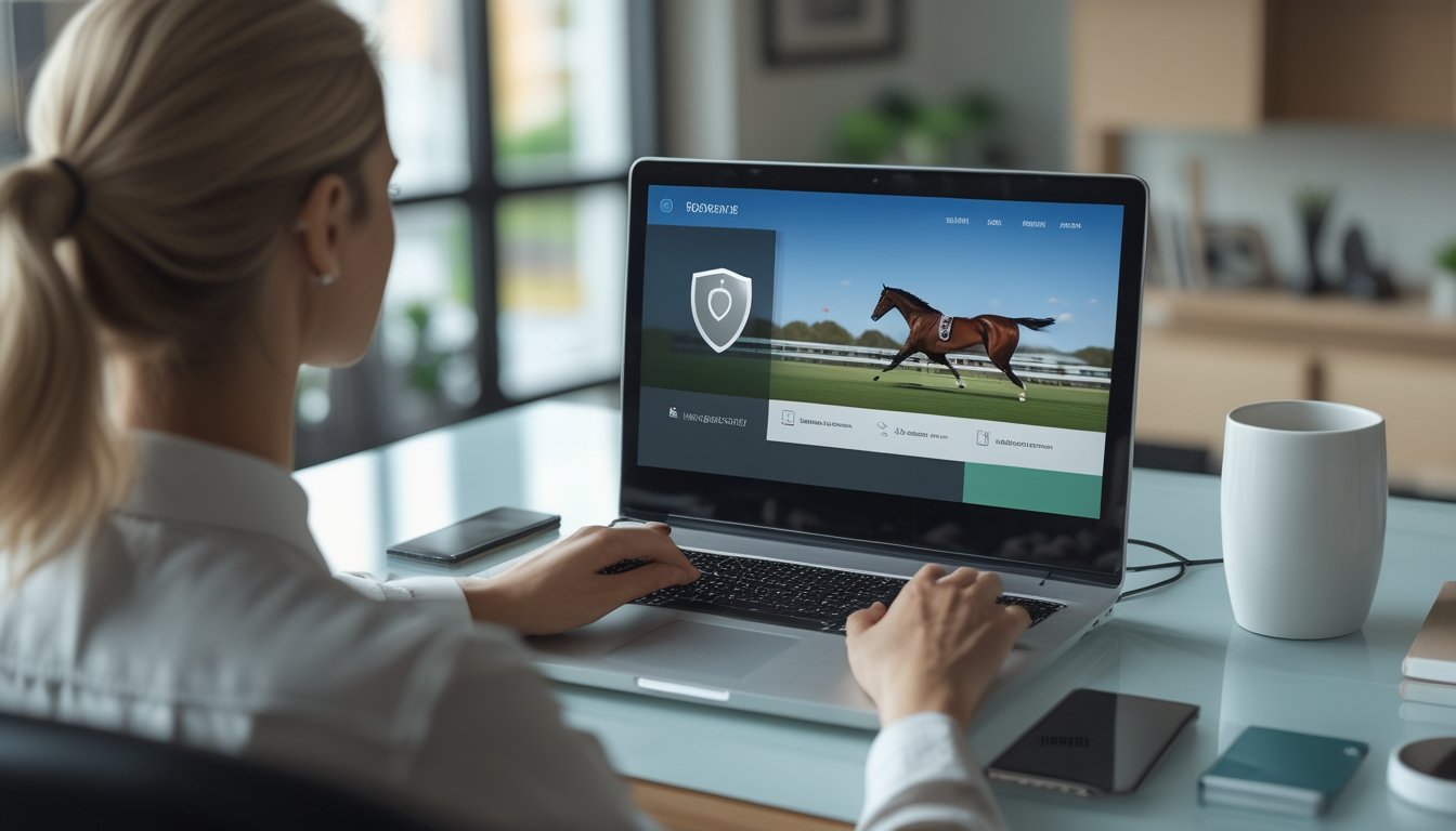 Seseorang menggunakan laptop untuk mendaftarkan akun taruhan balap kuda secara aman, dengan gambar kuda balap di layar.
