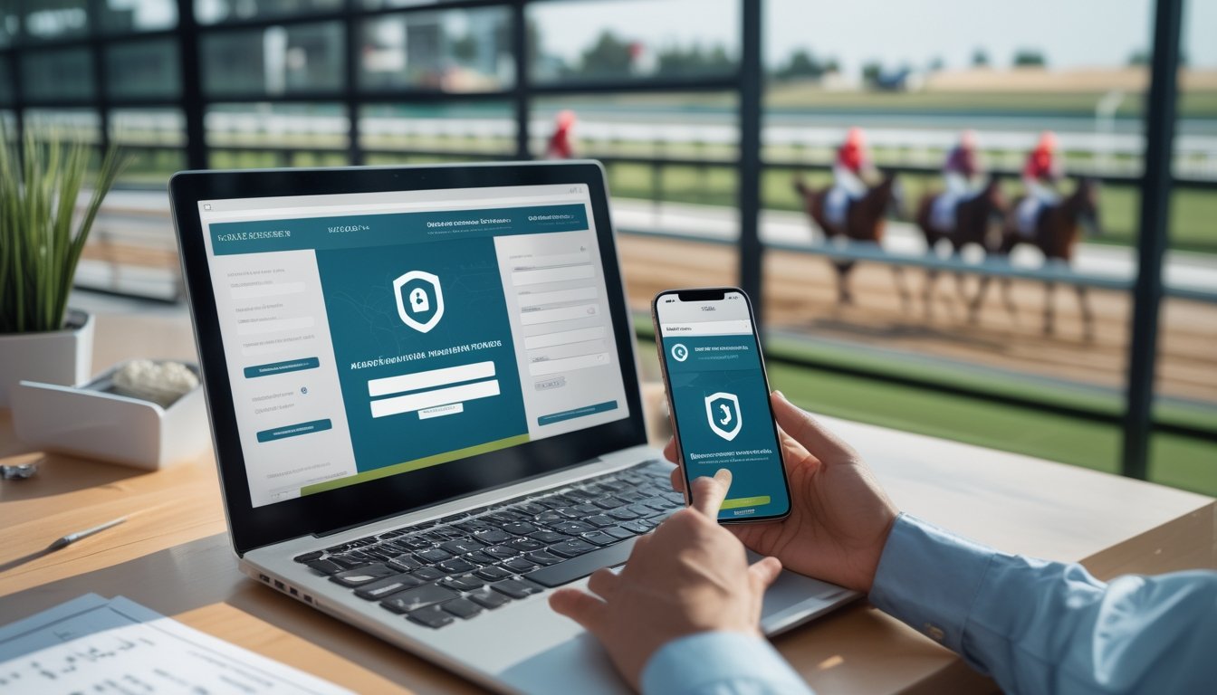 Laptop dan ponsel menampilkan antarmuka balap kuda dengan simbol keamanan, berlatar arena pacuan kuda.