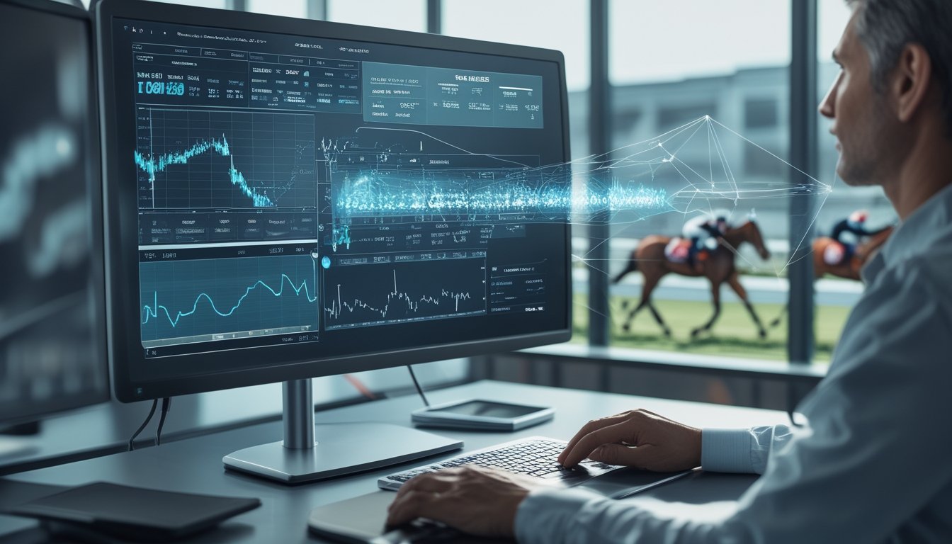Analis sedang meninjau analisis data balap kuda berbasis AI di ruang kerja modern.