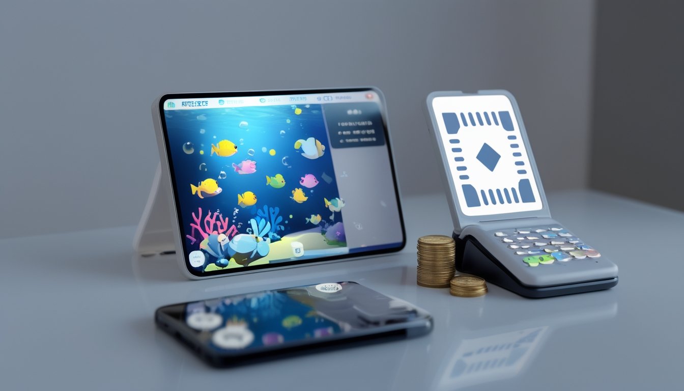 Ponsel menampilkan permainan ikan bawah laut di samping perangkat pembayaran digital dengan pola QR abstrak, dompet, koin, dan simbol keamanan.