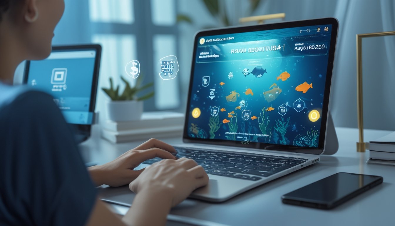 Pengguna melihat permainan tembak ikan digital di laptop dengan ponsel yang menampilkan pembayaran QR.