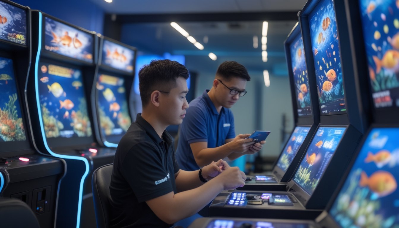 Dua orang dewasa mengevaluasi permainan tembak ikan di ruang permainan modern dengan mesin arcade bertema bawah laut.