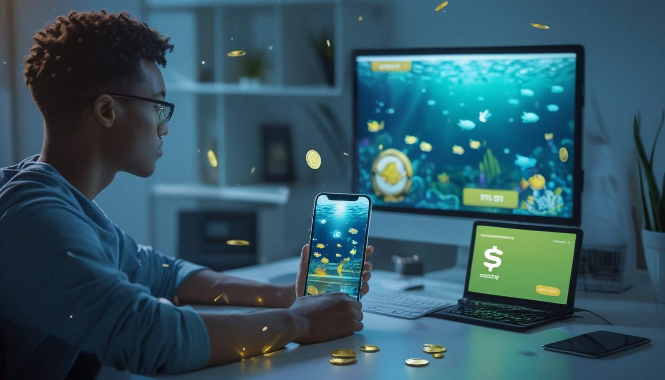 Seseorang memainkan permainan memancing digital di ponsel dengan tampilan dompet digital bercahaya di meja.