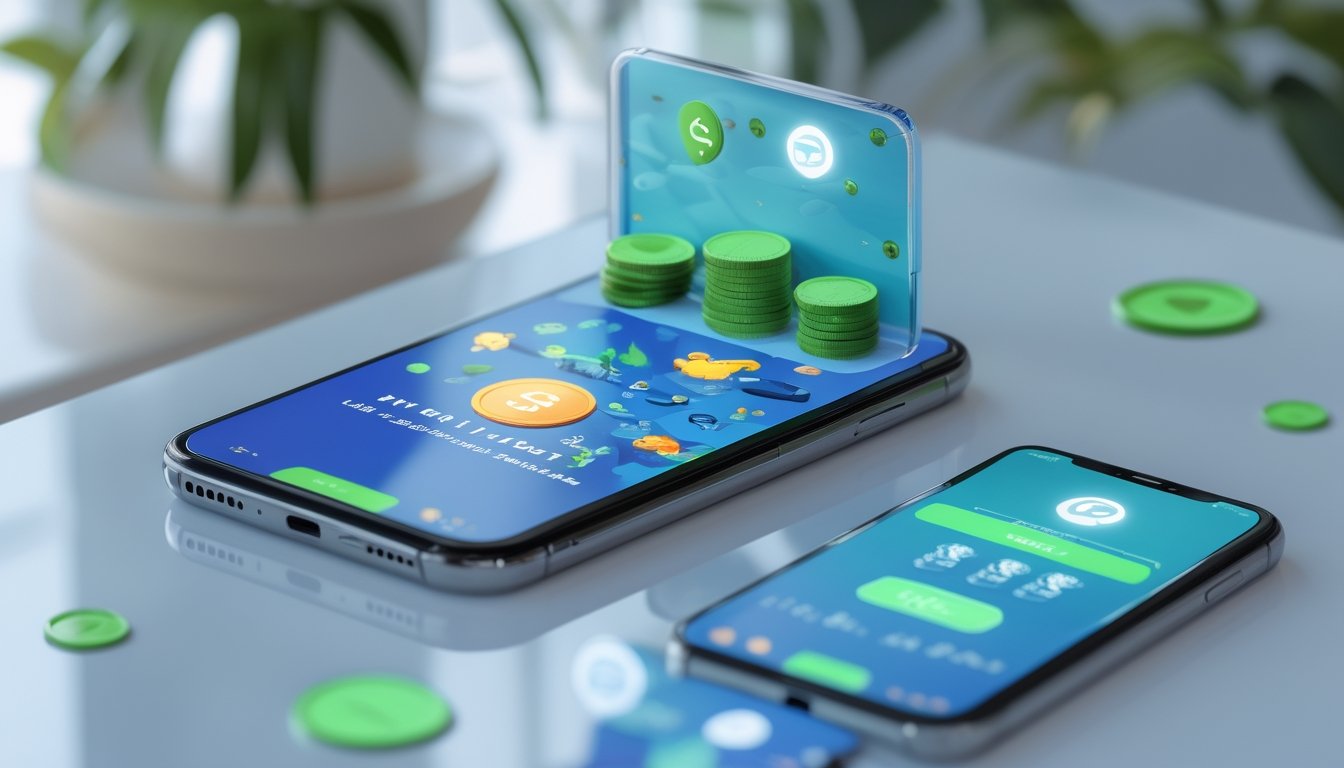 Ponsel menampilkan permainan memancing bawah air dengan ilustrasi dompet digital dan saldo virtual.