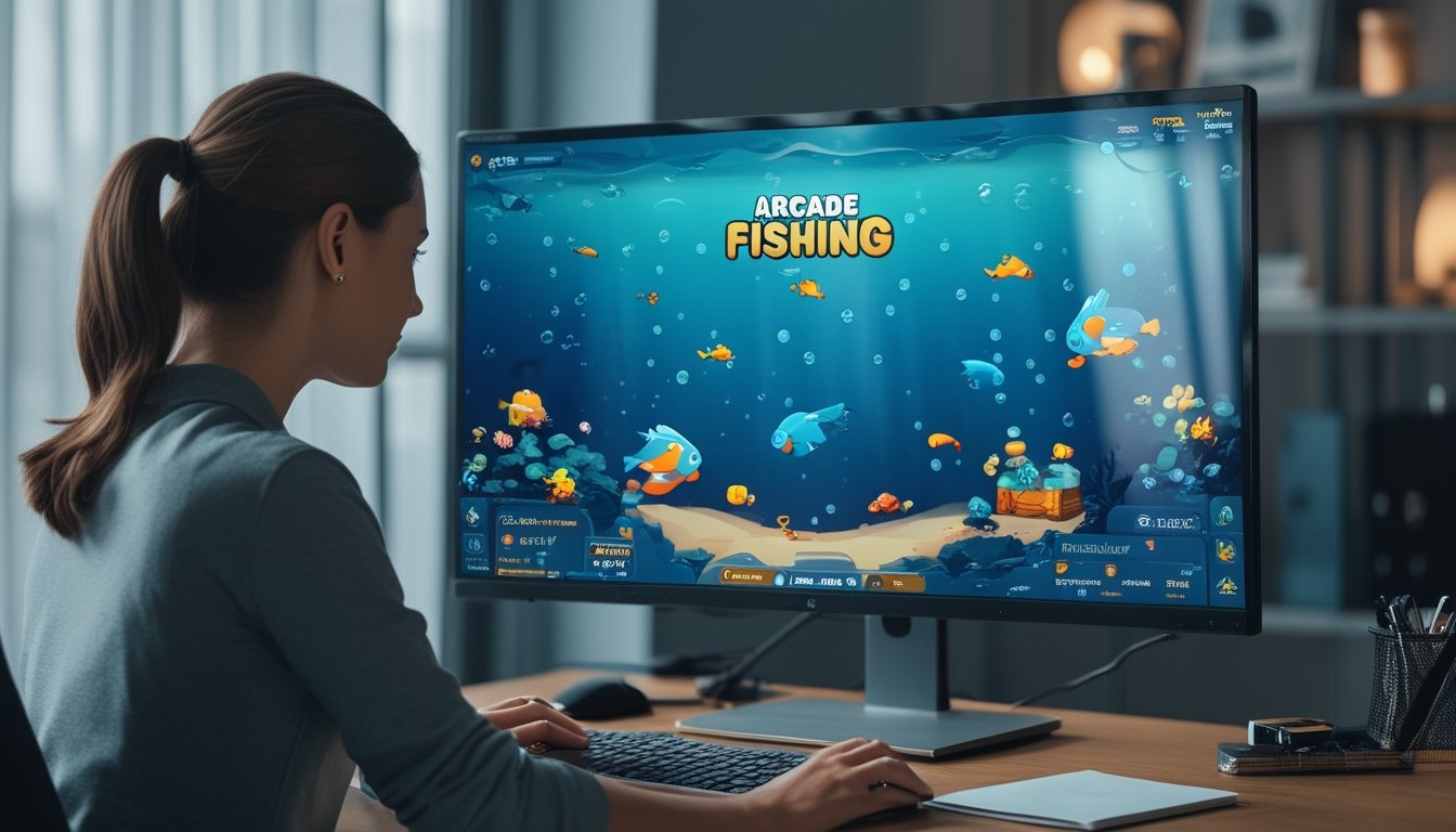 Seorang pemain menggunakan komputer untuk memainkan permainan arcade memancing bawah air.